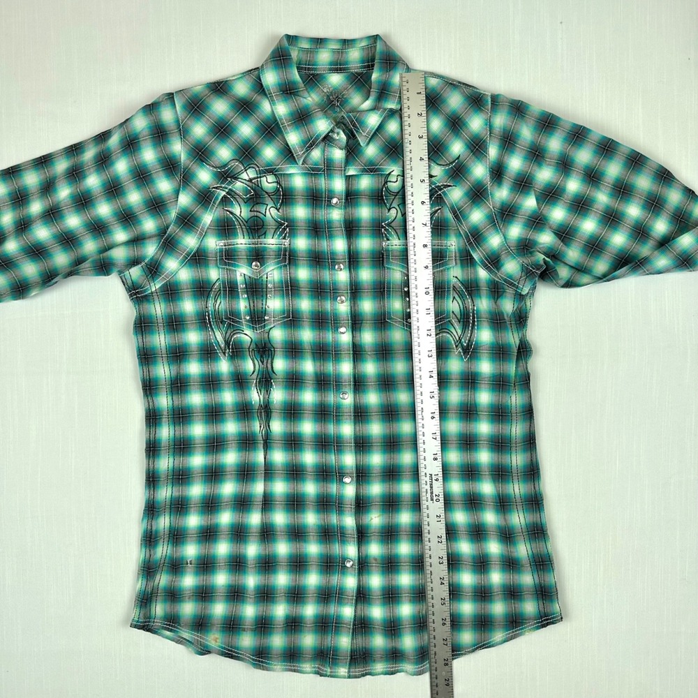 Rock 47 by Wrangler Womens Green Plaid Embroidered Rhinestone Snap Shirt Large - Picture 9 of 9